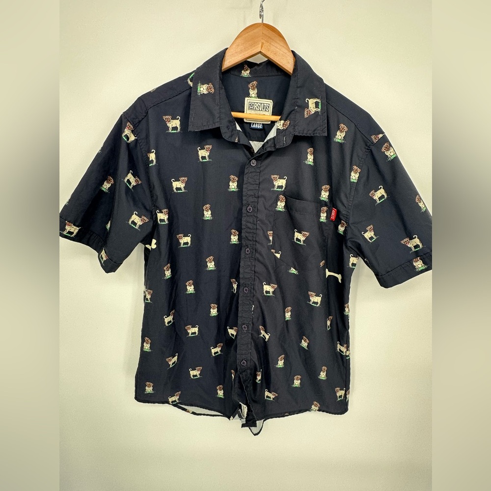 RSVLTS Shirt Mens Large Navy Pug Dog Bone Print Button Up Short Sleeve Kunuflex
